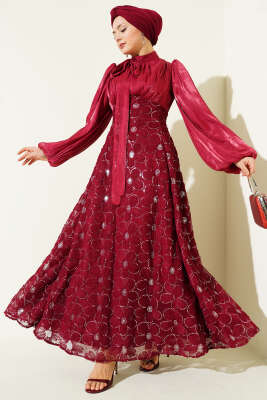 Balon Kol Pul Çiçekli Abiye Elbise Bordo - CNR TEKSTİL