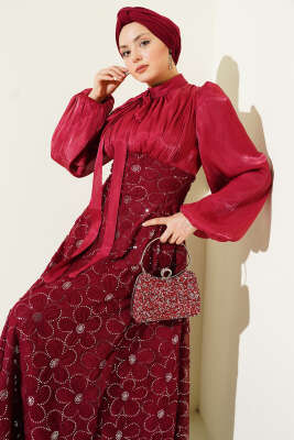 Balon Kol Pul Çiçekli Abiye Elbise Bordo - Elbise