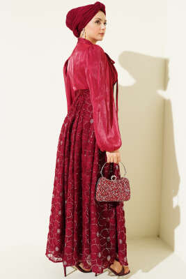 Balon Kol Pul Çiçekli Abiye Elbise Bordo - Elbise