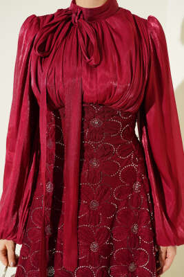 Balon Kol Pul Çiçekli Abiye Elbise Bordo - Elbise