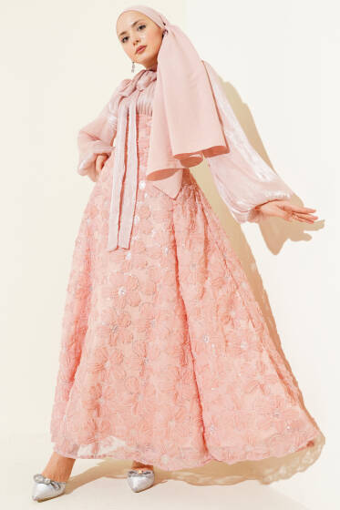 Balon Kol Pul Çiçekli Abiye Elbise Gül Kurusu - Elbise