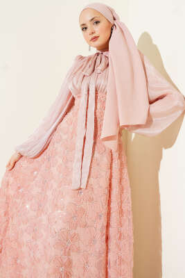 Balon Kol Pul Çiçekli Abiye Elbise Gül Kurusu - Elbise