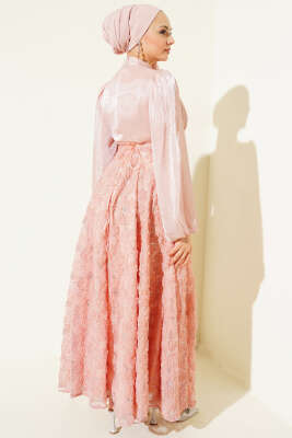 Balon Kol Pul Çiçekli Abiye Elbise Gül Kurusu - Elbise