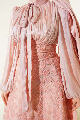 Balon Kol Pul Çiçekli Abiye Elbise Gül Kurusu - Elbise