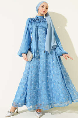 Balon Kol Pul Çiçekli Abiye Elbise İndigo - CNR TEKSTİL