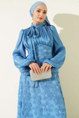 Balon Kol Pul Çiçekli Abiye Elbise İndigo - Elbise