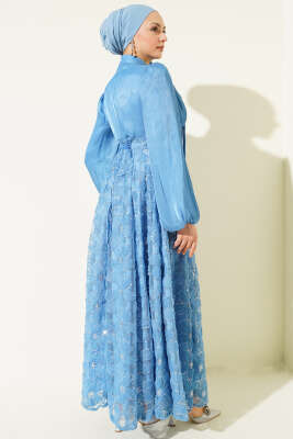 Balon Kol Pul Çiçekli Abiye Elbise İndigo - Elbise