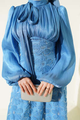 Balon Kol Pul Çiçekli Abiye Elbise İndigo - Elbise