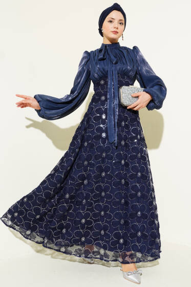 Balon Kol Pul Çiçekli Abiye Elbise Lacivert - Elbise