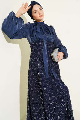 Balon Kol Pul Çiçekli Abiye Elbise Lacivert - Elbise