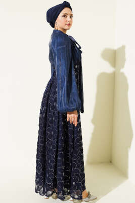 Balon Kol Pul Çiçekli Abiye Elbise Lacivert - Elbise