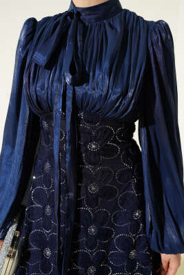 Balon Kol Pul Çiçekli Abiye Elbise Lacivert - Elbise