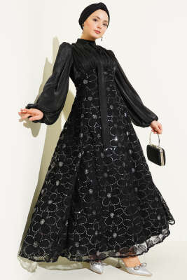 Balon Kol Pul Çiçekli Abiye Elbise Siyah - CNR TEKSTİL