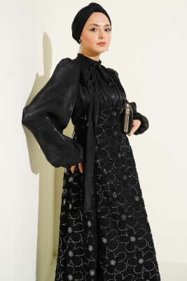 Balon Kol Pul Çiçekli Abiye Elbise Siyah - Elbise