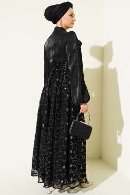 Balon Kol Pul Çiçekli Abiye Elbise Siyah - Elbise