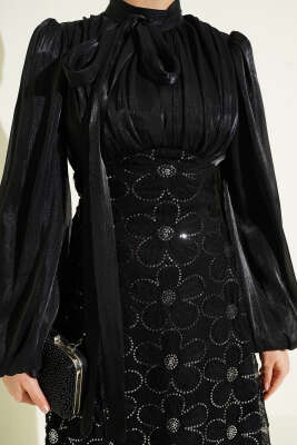 Balon Kol Pul Çiçekli Abiye Elbise Siyah - Elbise