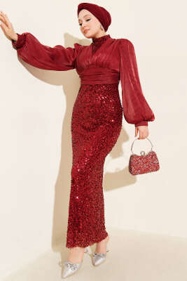 Balon Kol Pul Payet Abiye Elbise Bordo - CNR TEKSTİL