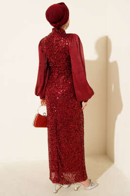 Balon Kol Pul Payet Abiye Elbise Bordo - Elbise