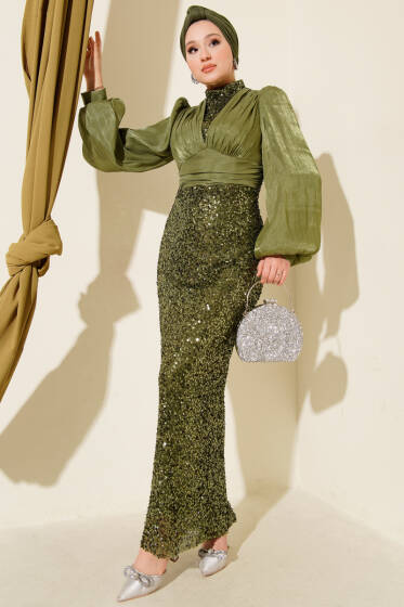 Balon Kol Pul Payet Abiye Elbise Haki - Elbise