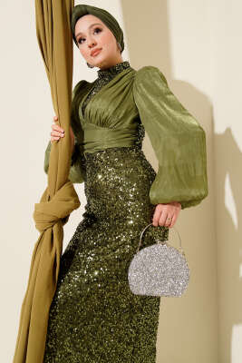 Balon Kol Pul Payet Abiye Elbise Haki - Elbise