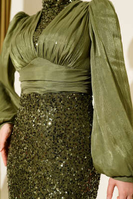 Balon Kol Pul Payet Abiye Elbise Haki - Elbise