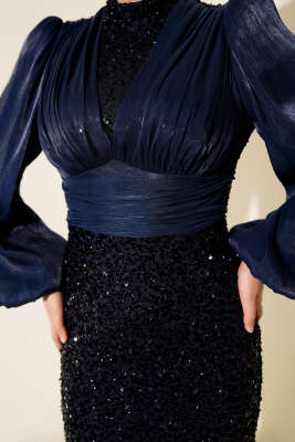 Balon Kol Pul Payet Abiye Elbise Lacivert - Elbise