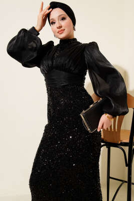 Balon Kol Pul Payet Abiye Elbise Siyah - Elbise