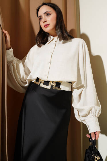 Balon Kol Salaş Kısa Keten Gömlek Taş - Gömlek