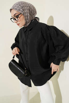 Balon Kol Salaş Paraşüt Gömlek Siyah - VAV TEKSTİL