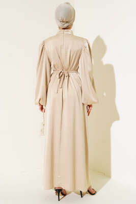 Balon Kol Saten Abiye Bej - Tesettür Elbise