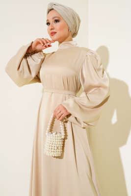 Balon Kol Saten Abiye Bej - Tesettür Elbise