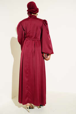 Balon Kol Saten Abiye Bordo - Tesettür Elbise
