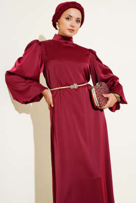 Balon Kol Saten Abiye Bordo - Tesettür Elbise