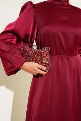 Balon Kol Saten Abiye Bordo - Tesettür Elbise