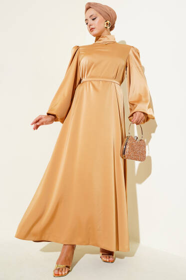 Balon Kol Saten Abiye Camel - Elbise