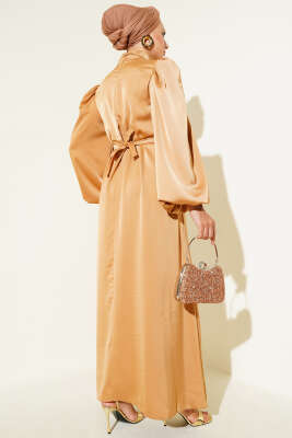 Balon Kol Saten Abiye Camel - Tesettür Elbise