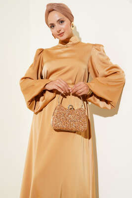 Balon Kol Saten Abiye Camel - Tesettür Elbise