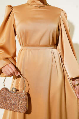 Balon Kol Saten Abiye Camel - Tesettür Elbise