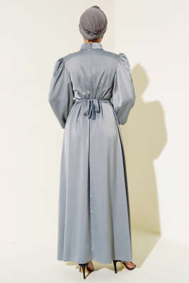 Balon Kol Saten Abiye Kayrak Grisi - Tesettür Elbise