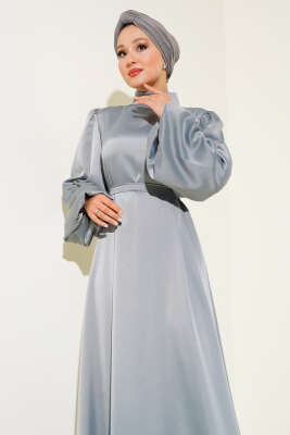 Balon Kol Saten Abiye Kayrak Grisi - Tesettür Elbise
