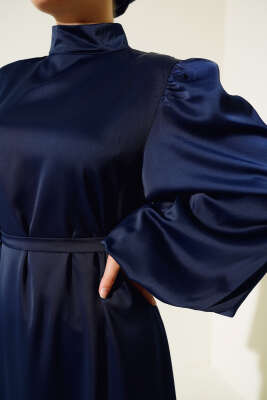 Balon Kol Saten Abiye Lacivert - Tesettür Elbise