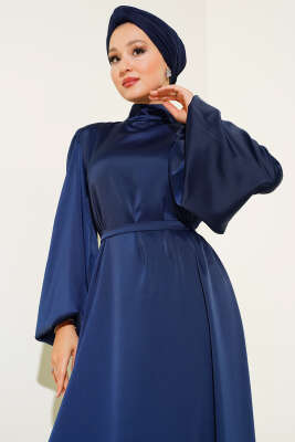 Balon Kol Saten Abiye Lacivert - Tesettür Elbise