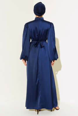 Balon Kol Saten Abiye Lacivert - Tesettür Elbise