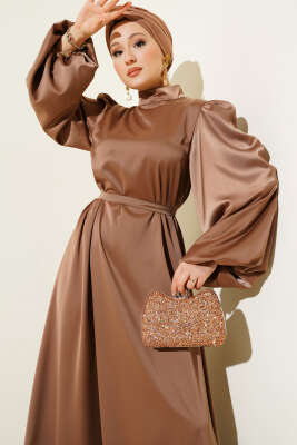 Balon Kol Saten Abiye Latte - Tesettür Elbise