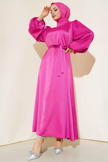Balon Kol Saten Elbise Fuşya - Tesettür Elbise