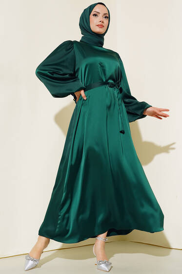 Balon Kol Saten Elbise Zümrüt - Tesettür Elbise