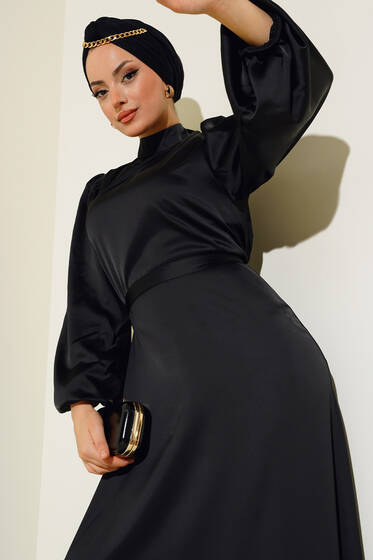 Balon Kol Saten Elbise Siyah - Tesettür Elbise
