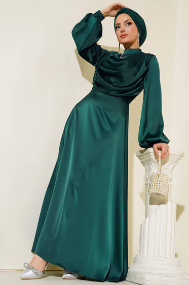 Balon Kol Saten Elbise Zümrüt Yeşili - Tesettür Elbise