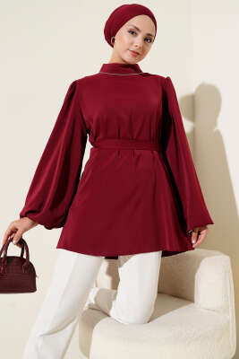 Balon Kol Saten Tunik Bordo 