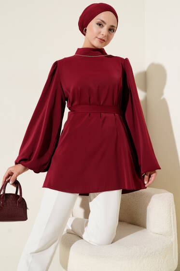 Balon Kol Saten Tunik Bordo - Tunik